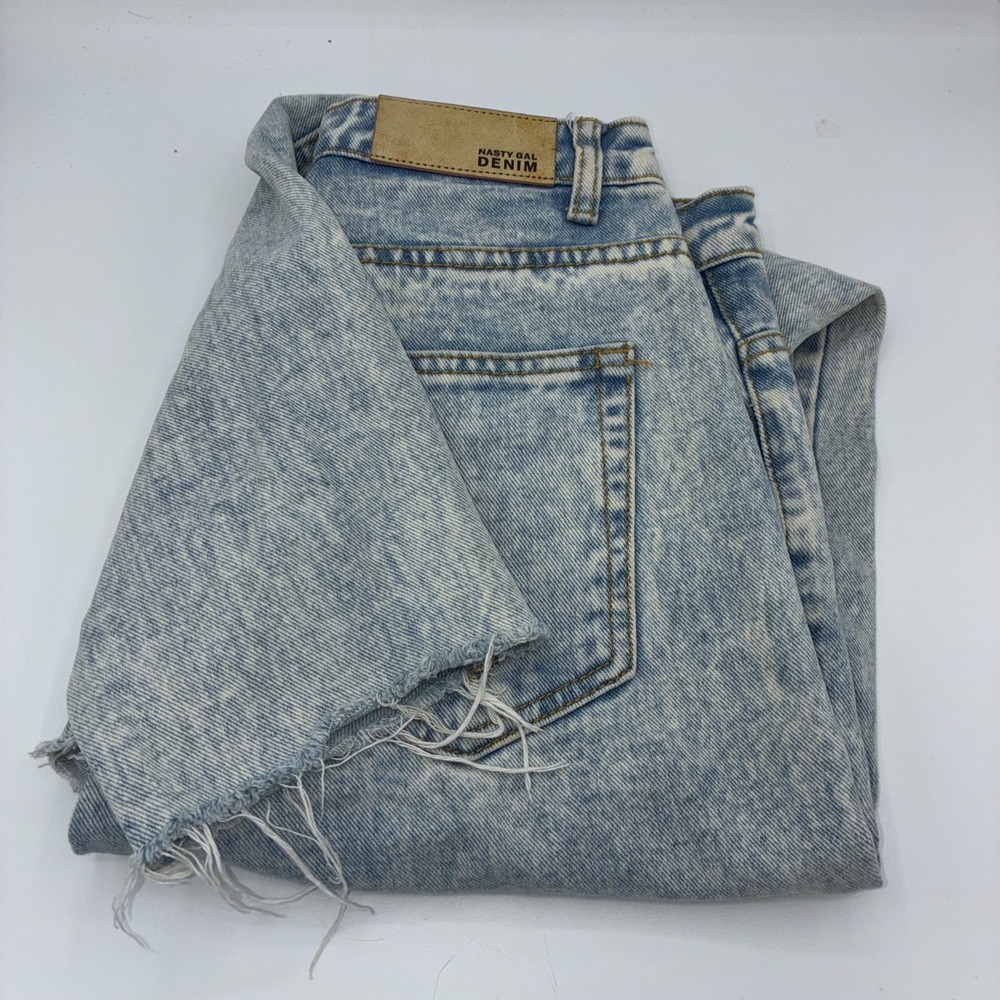 Nasty Gal Distressed Ripped Jeans UK 8 US 4 Light Wash Raw Hem